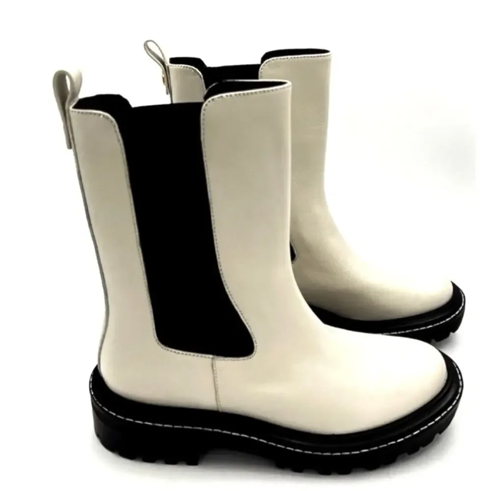 Tory Burch Benton Chelsea Boot Size 8 White Leather Black Lug Platform Sole New